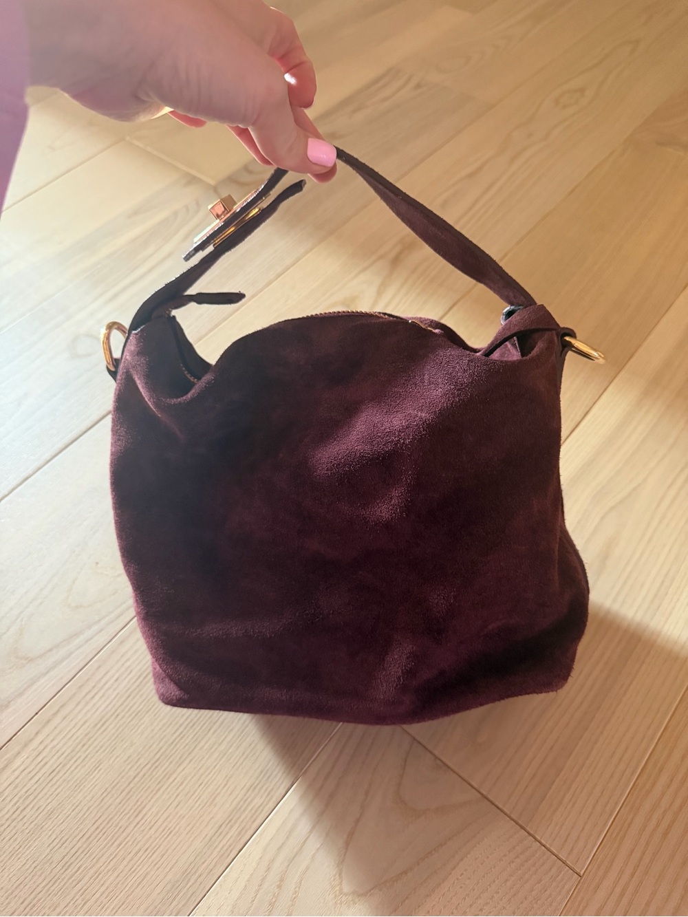 VIOLA CASTELLANI SMALL FOLDED HANDLE SATCHEL BURGUNDY SUEDE - Picture 12 of 13